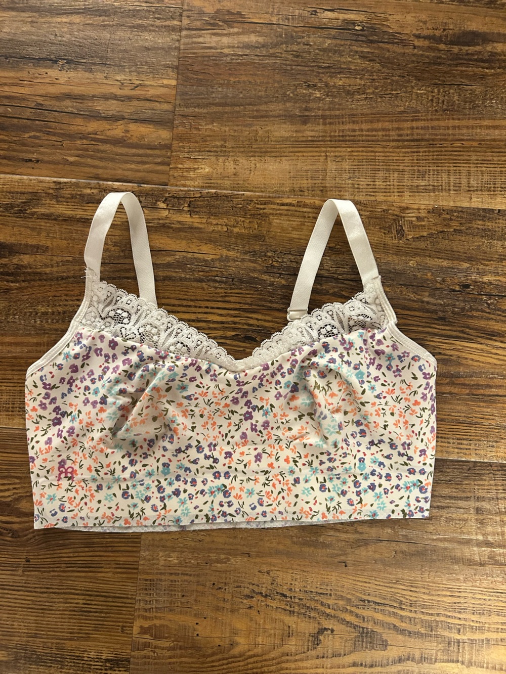 Ruby Ribbon Cream Lace Bralette with Pastel Floral Accents